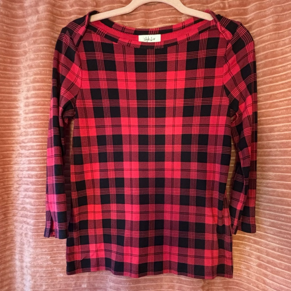 Style & Co Vibrant Red and Black Checkered Top.